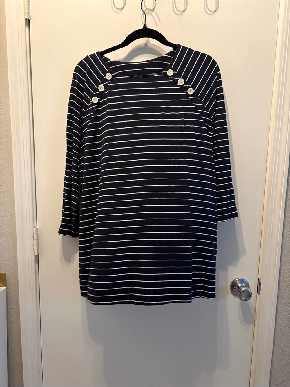 J. Jill Navy and White Striped Button-Accent Tunic Size L Lagenlook Coastal Gran